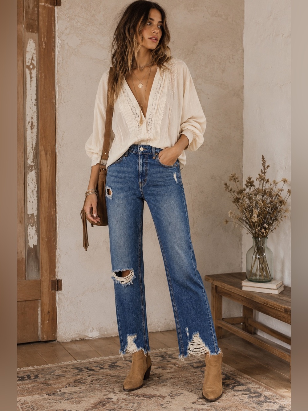 We The Free Distressed Straight Leg Jeans High Rise Raw Hem Blue Denimā Women's